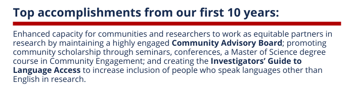 Summary of Community Engagement's top accomplishments from the past 10 years